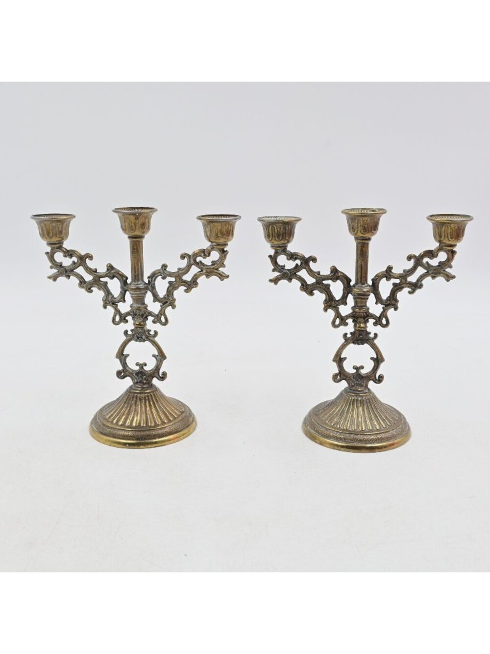 Interpur Italian Brass 3-Arm Candelabra Pair 5"Mini Baroque Vintage